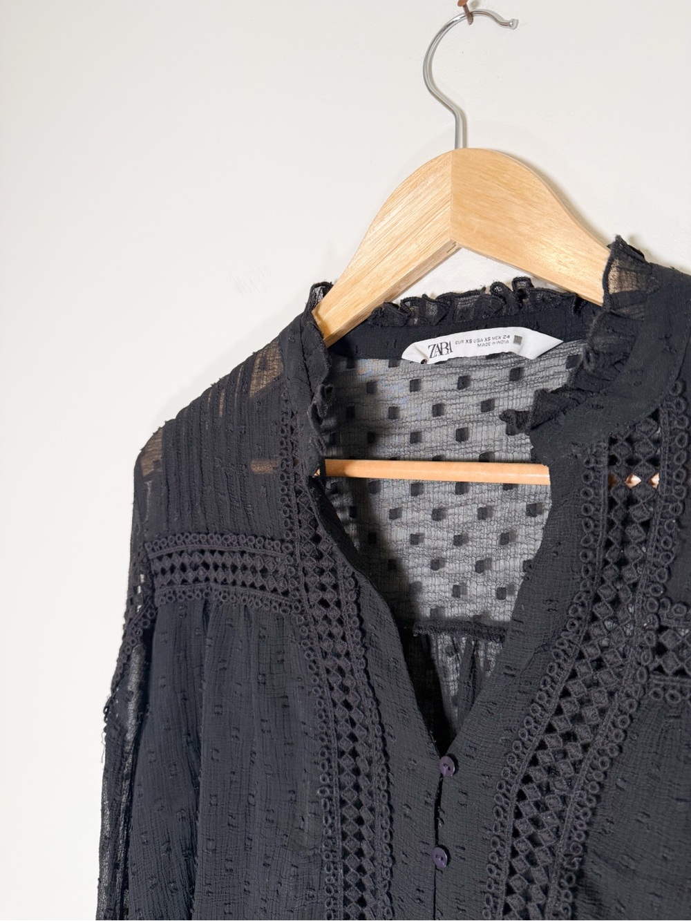 Zara Black Sheer Lace-Trim Button Front Blouse
